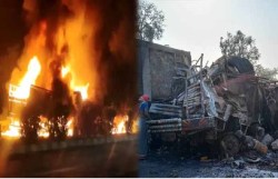 तीन ट्रकों में भीषण टक्कर के बाद लगी आग, ट्रक ड्राइवर की जिंदा मौत, एक गंभीर - image